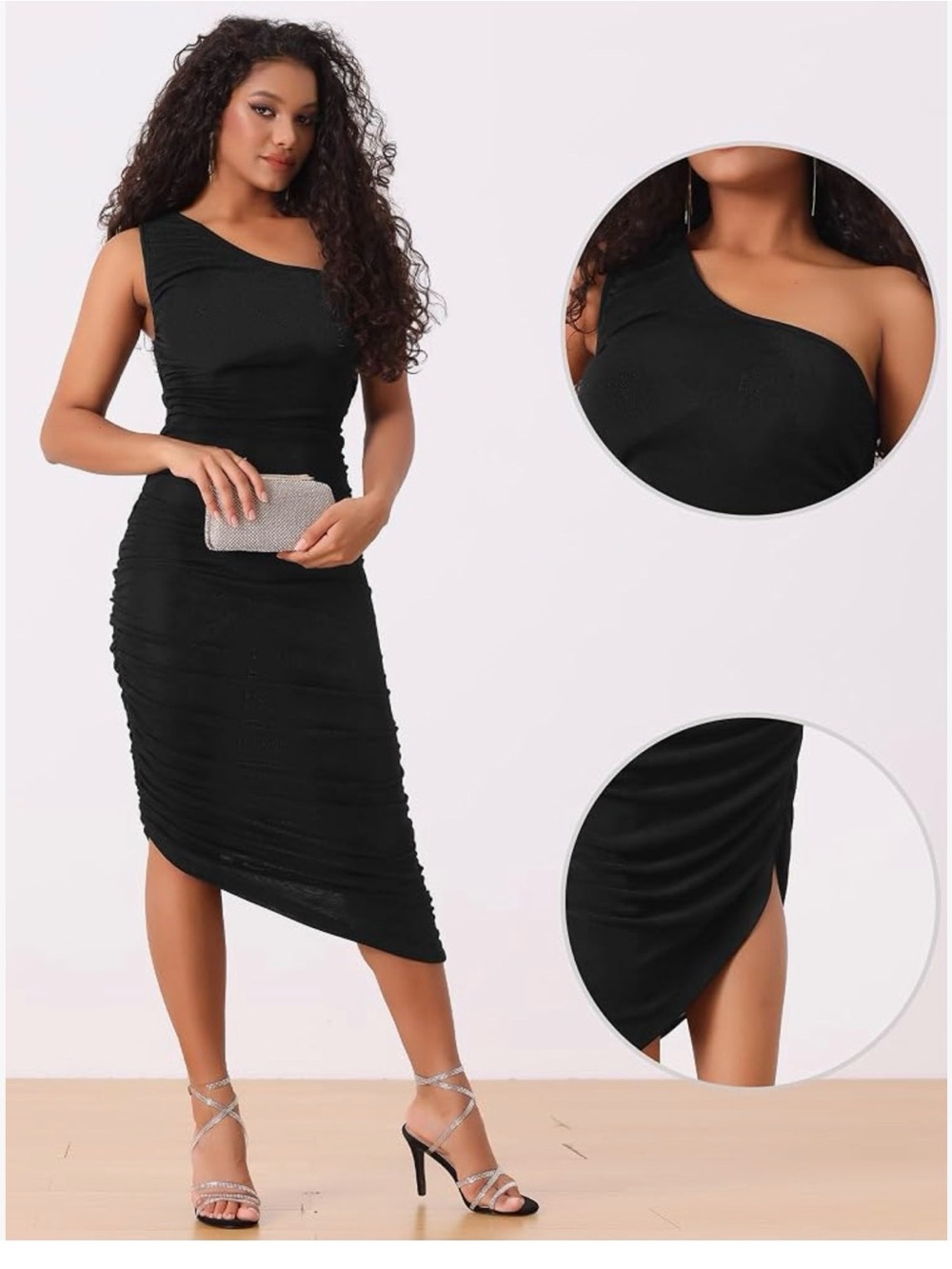 Allegra K Black One-Shoulder Ruched Dress